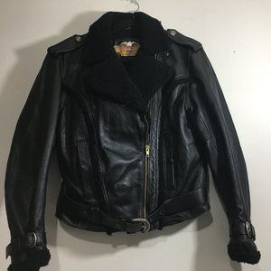 Vintage Harley Davidson Sherpa Lined Black Leather Women Motorcycle Jacket Sz S